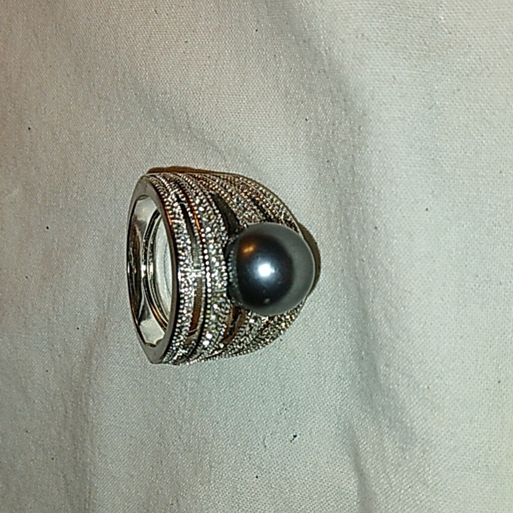 NVC Faux Black Clear Rhinestones Silver Tone Ring Size 10.5
